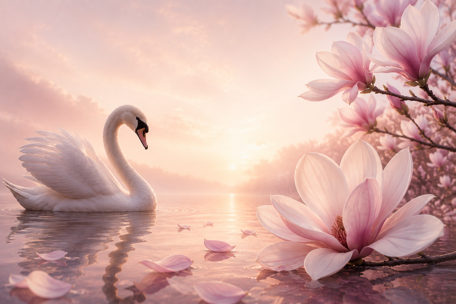 A serene white swan on still water at sunrise beside soft pink magnolia blossoms